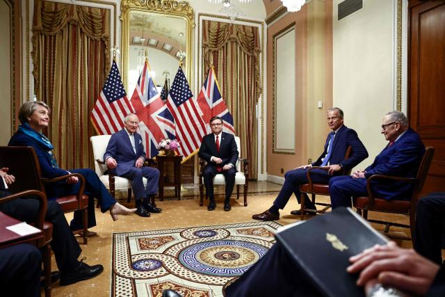 Britain's King Charles III meets with US House Speaker Mike Johnson (C, R, )Senate Majority Leader John Thune (2nd R), Senate Minority Leader Chuck Schumer (R) along with Britain's Foreign Secretary Yvette Cooper (L) ahead of a Joint Meeting of Congress in the House Chamber at the US Capitol in Washington, DC, on April 28, 2026. (Photo by Henry NICHOLLS / POOL / AFP)