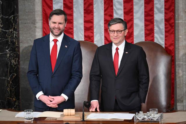 (L/R) US Vice President JD Vance and Speaker of the House Mike Johnson wait for the arrival of Britain's King Charles III during a Joint Meeting of Congress in the House Chamber at the US Capitol in Washington, DC, on April 28, 2026. (Photo by SAUL LOEB / AFP)