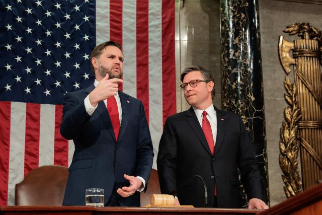 US Vice President JD Vance (L) speaks with House Speaker Mike Johnson ahead of Britain's King Charles III's speech to a Joint Meeting of Congress in the House Chamber at the US Capitol in Washington, DC, on April 28, 2026. (Photo by Kylie Cooper / POOL / AFP)