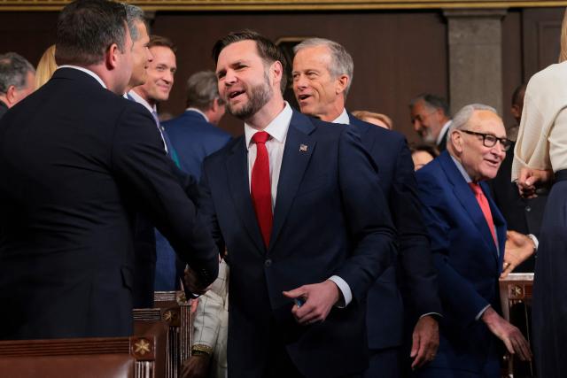 US Vice President JD Vance and Senate Minority Leader Chuck Schumer (D-NY) arrive ahead of Britain's King Charles III address to a Joint Meeting of Congress in the House Chamber at the US Capitol in Washington, DC, on April 28, 2026. (Photo by Kylie Cooper / POOL / AFP)