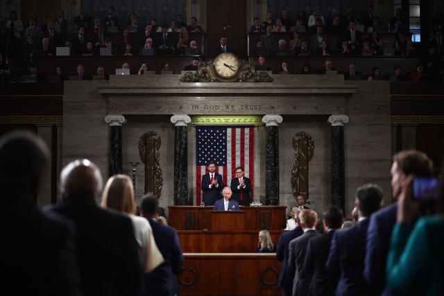 Britain's King Charles III is applauded by House Speaker Mike Johnson and US Vice President JD Vance as he speaks to a Joint Meeting of Congress in the House Chamber at the US Capitol in Washington, DC, on April 28, 2026. (Photo by HENRY NICHOLLS / POOL / AFP)