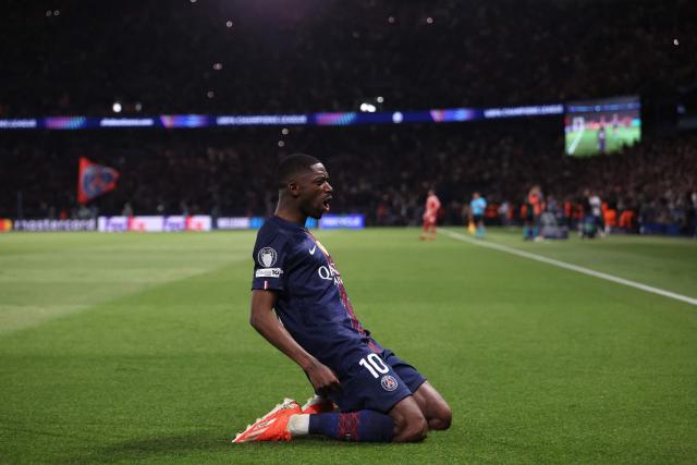 Paris Saint-Germain's French forward #10 Ousmane Dembele celebrates after scoring his team third goal during the UEFA Champions League semi-final first leg football match between Paris Saint-Germain (PSG) and Bayern Munich at the Parc des Princes in Paris on April 28, 2026. (Photo by Franck FIFE / AFP)