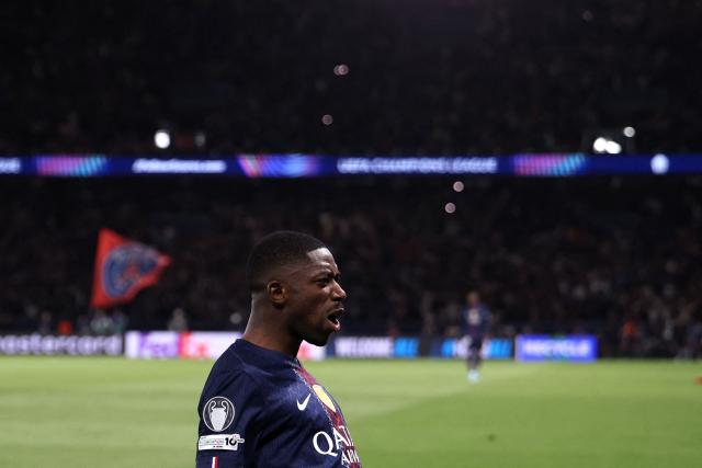 Paris Saint-Germain's French forward #10 Ousmane Dembele celebrates after scoring his team third goal during the UEFA Champions League semi-final first leg football match between Paris Saint-Germain (PSG) and Bayern Munich at the Parc des Princes in Paris on April 28, 2026. (Photo by Franck FIFE / AFP)
