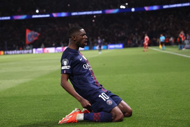Paris Saint-Germain's French forward #10 Ousmane Dembele celebrates after scoring his team third goal during the UEFA Champions League semi-final first leg football match between Paris Saint-Germain (PSG) and Bayern Munich at the Parc des Princes in Paris on April 28, 2026. (Photo by Franck FIFE / AFP)
