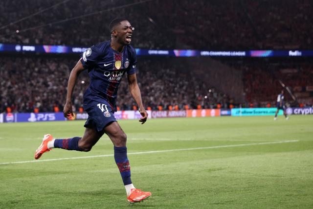 Paris Saint-Germain's French forward #10 Ousmane Dembele celebrates after scoring his team third goal during the UEFA Champions League semi-final first leg football match between Paris Saint-Germain (PSG) and Bayern Munich at the Parc des Princes in Paris on April 28, 2026. (Photo by Franck FIFE / AFP)