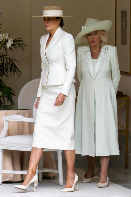 First Lady Melania Trump and Britain's Queen Camilla arrive to take part in a youth activity on the White House tennis court area in Washington, DC, on April 28, 2026. (Photo by Jim Watson / AFP)