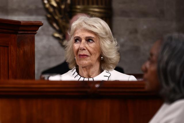 Britain's Queen Camilla listens as Britain's King Charles III (out of frame) addresses a Joint Meeting of Congress in the House Chamber at the US Capitol in Washington, DC, on April 28, 2026. (Photo by HENRY NICHOLLS / POOL / AFP)