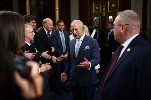 Britain's King Charles III greets people after addressing a Joint Meeting of Congress in the House Chamber at the US Capitol in Washington, DC, on April 28, 2026. (Photo by HENRY NICHOLLS / POOL / AFP)
