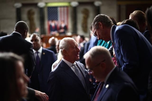 Britain's King Charles III greets people after addressing a Joint Meeting of Congress in the House Chamber at the US Capitol in Washington, DC, on April 28, 2026. (Photo by HENRY NICHOLLS / POOL / AFP)