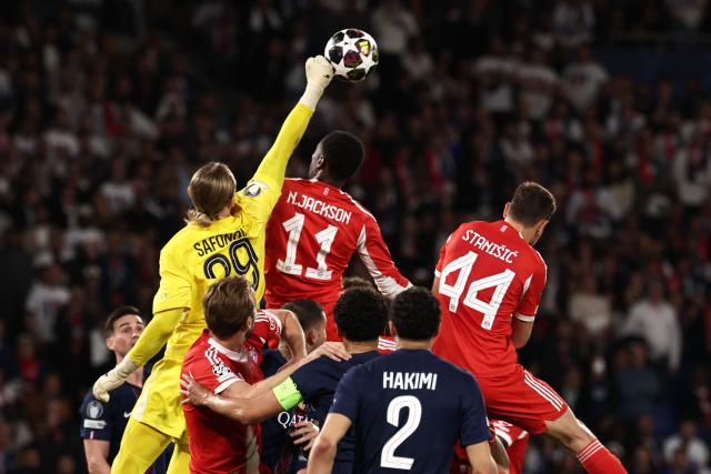 Paris Saint-Germain's Russian goalkeeper #39 Matvey Safonov boxes the ball during the UEFA Champions League semi-final first leg football match between Paris Saint-Germain (PSG) and Bayern Munich at the Parc des Princes in Paris on April 28, 2026. (Photo by FRANCK FIFE / AFP)