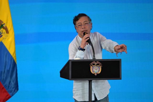 Colombia's President Gustavo Petro speaks during the International Conference on the Just Transition Away from Fossil Fuels in Santa Marta, Colombia, on April 28, 2026. (Photo by Raul ARBOLEDA / AFP)