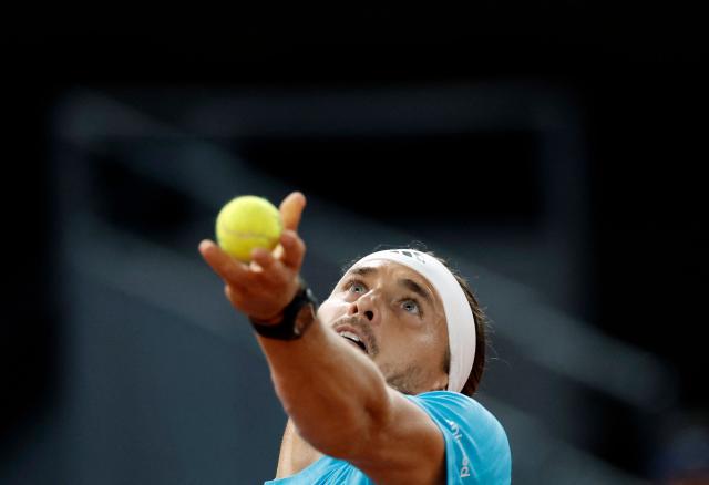 Germany's Alexander Zverev serves to Czech Republic's Jakub Mensik during their 2026 ATP Tour Madrid Open tennis tournament singles match at the Caja Magica in Madrid, on April 28, 2026. (Photo by OSCAR DEL POZO / AFP)