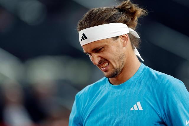 Germany's Alexander Zverev reacts after losing a point to Czech Republic's Jakub Mensik during their 2026 ATP Tour Madrid Open tennis tournament singles match at the Caja Magica in Madrid, on April 28, 2026. (Photo by OSCAR DEL POZO / AFP)