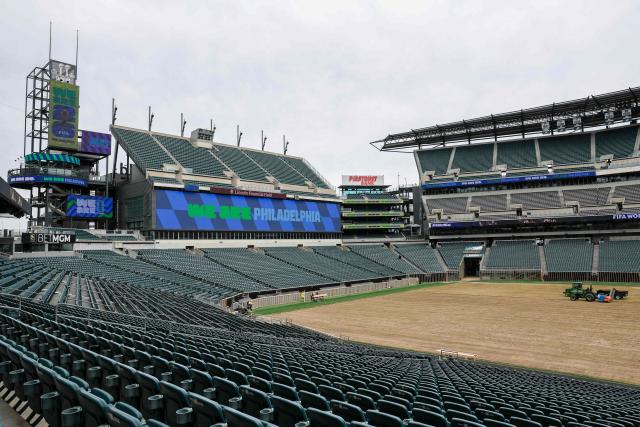 Workers remove turf from the pitch at Lincoln Financial Field in preparation for the 2026 FIFA World Cup at Lincoln Financial Field in Philadelphia, on April 28, 2026. (Photo by ANGELA WEISS / AFP)