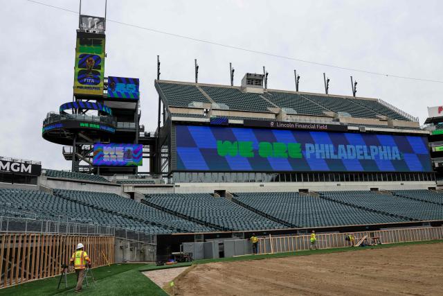 Workers remove turf from the pitch at Lincoln Financial Field in preparation for the 2026 FIFA World Cup at Lincoln Financial Field in Philadelphia, on April 28, 2026. (Photo by ANGELA WEISS / AFP)