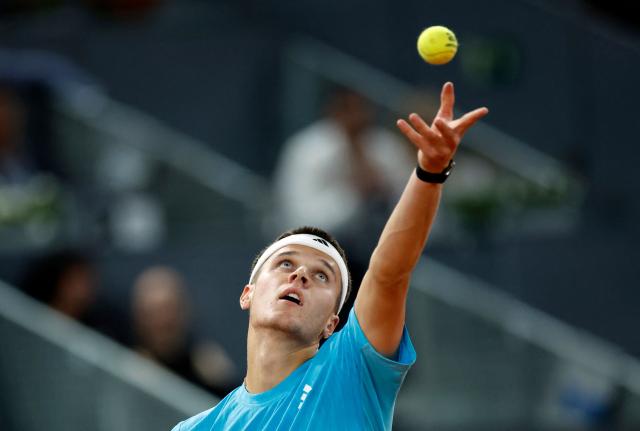 Czech Republic's Jakub Mensik serves to Germany's Alexander Zverev during their 2026 ATP Tour Madrid Open tennis tournament singles match at the Caja Magica in Madrid, on April 28, 2026. (Photo by OSCAR DEL POZO / AFP)