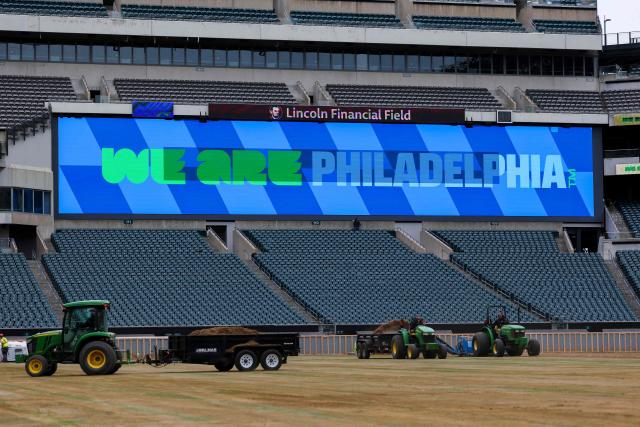 Workers prepare the field at Lincoln Financial Field, one of the stadium hosting the 2026 FIFA World Cup at Lincoln Financial Field in Philadelphia, on April 28, 2026. (Photo by ANGELA WEISS / AFP)