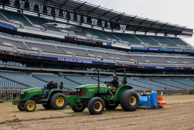 Workers remove turf from the pitch at Lincoln Financial Field in preparation for the 2026 FIFA World Cup at Lincoln Financial Field in Philadelphia, on April 28, 2026. (Photo by ANGELA WEISS / AFP)