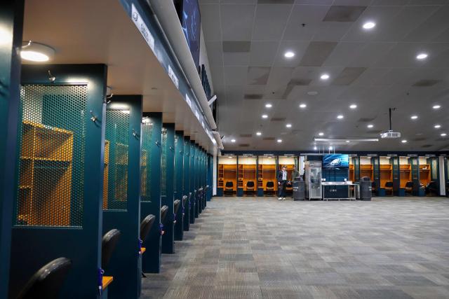 The Philadelphia Eagles locker room is seen in preparation for the 2026 FIFA World Cup at Lincoln Financial Field in Philadelphia, on April 28, 2026. (Photo by ANGELA WEISS / AFP)