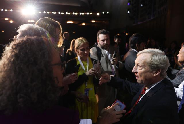 Democratic candidate businessman and climate activist Tom Steyer speaks to journalists after a California gubernatorial debate at Bridges Auditorium on the campus of Pomona College in Claremont, California, on April 28, 2026. The eight candidates for California governor are participating in the second televised debate, ahead of the June 2, 2026 primary elections. (Photo by Patrick T. Fallon / AFP)
