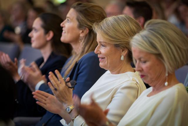 Queen Mathilde of Belgium reacts as she attends the 27th edition of the award ceremony of the 'WOMED Award', for best female entrepreneur, organised by Markant and Unizo on April 28, 2026. (Photo by JAMES ARTHUR GEKIERE / Belga / AFP) / Belgium OUT