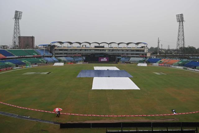 Empty field is seen as rain delayed the start of the second T20 cricket match between Bangladesh and New Zealand at the Bir Sreshtho Flight Lieutenant Matiur Rahman Stadium in Chittagong on April 29, 2026. (Photo by MUNIR UZ ZAMAN / AFP)