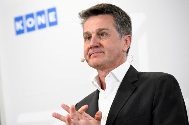 President and Chief Executive Officer (CEO) of Finnish lift company Kone, Philippe Delorme addresses a press conference at the headquarters in Espoo, Finland on April 29, 2026, after the company announced the acquisition of its German rival TKE in a giant share-and-cash deal valuing TKE at 29.4 billion euros (USD 34.4 billion). The group formed by the merger will be nearly twice the size of the current Kone group, with more than 100,000 employees in over 100 countries and annual revenue of around 20.5 billion euros, the two companies said in a statement. (Photo by Emmi Korhonen / Lehtikuva / AFP) / Finland OUT