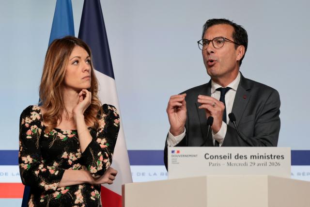 France's Labour Minister Jean-Pierre Farandou speaks next to Government Spokesperson Maud Bregeon during a press conference following the cabinet meeting in Paris on April 29, 2026. The weekly cabinet meeting was held in the central France city of Montluçon on April 22, 2026. (Photo by Ludovic MARIN / AFP)