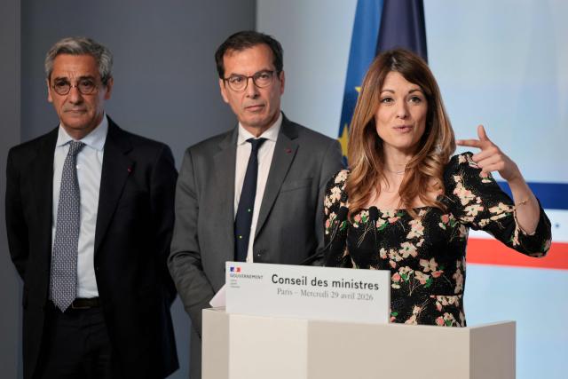 France's Trade Minister Serge Papin, France's Labour Minister Jean-Pierre Farandou and France's Government Spokesperson Maud Bregeon give a press conference following the cabinet meeting in Paris on April 29, 2026. The weekly cabinet meeting was held in the central France city of Montluçon on April 22, 2026. (Photo by Ludovic MARIN / AFP)