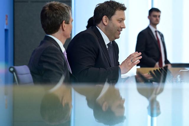 German Finance Minister and Vice Chancellor Lars Klingbeil (C) gives a press conference to present the government's 2027 budget and the financial plan for 2028 to 2030, on April 29, 2026 in Berlin. (Photo by John MACDOUGALL / AFP)