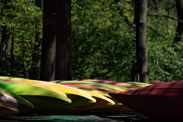 Rental kayaks in different colours are seen stored on the bank of a Spreewald canal on April 29, 2026 in the Spreewald region in Luebbenau, eastern Germany, on April 29, 2026. (Photo by Odd ANDERSEN / AFP)