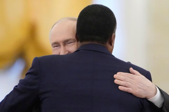 Russia's President Vladimir Putin (L) greets Congo-Brazzaville's President Denis Sassou N'Guesso (R) prior to their talks in Moscow on April 29, 2026. (Photo by Pavel Bednyakov / POOL / AFP)