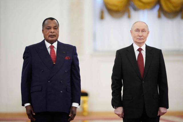 Russia's President Vladimir Putin (R) and Congo-Brazzaville's President Denis Sassou N'Guesso (L) pose for a photo prior to their talks in Moscow on April 29, 2026. (Photo by Pavel Bednyakov / POOL / AFP)