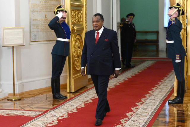 In this pool photograph distributed by the Russian state agency Sputnik, Congo-Brazzaville's President Denis Sassou N'Guesso arrives for a meeting with his Russian counterpart in Moscow on April 29, 2026. (Photo by Grigory SYSOYEV / POOL / AFP)