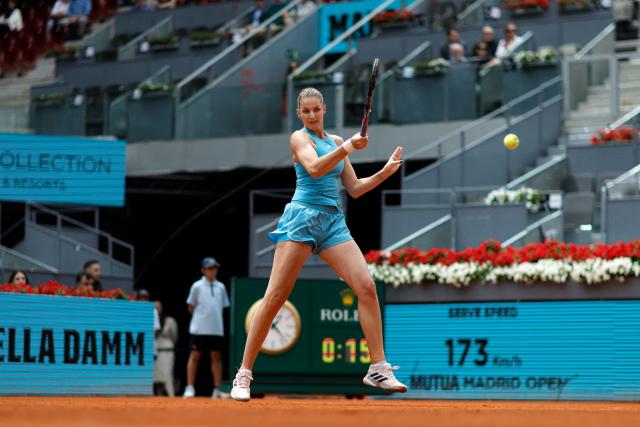 Czech Republic's Karolina Pliskova returns the ball to Austria's Anastasia Potapova during her 2026 WTA Tour Madrid Open tennis tournament singles match against Czech Republic's Karolina Pliskova at the Caja Magica in Madrid, on April 29, 2026. (Photo by OSCAR DEL POZO / AFP)