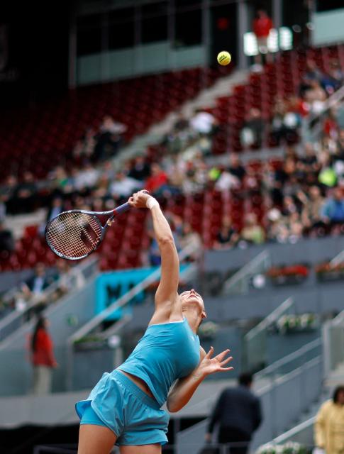 Czech Republic's Karolina Pliskova serves the ball to Austria's Anastasia Potapova during her 2026 WTA Tour Madrid Open tennis tournament singles match against Czech Republic's Karolina Pliskova at the Caja Magica in Madrid, on April 29, 2026. (Photo by OSCAR DEL POZO / AFP)