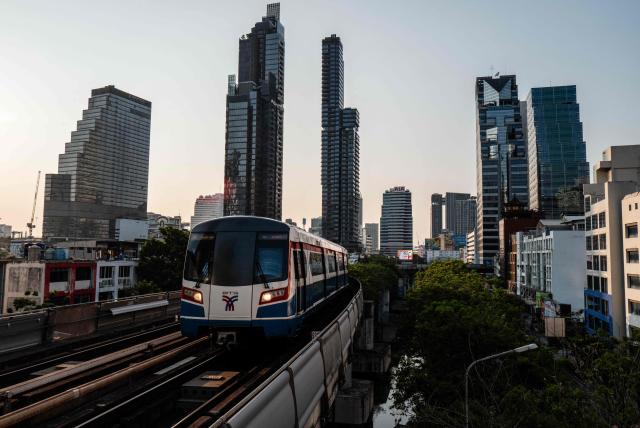 A BTS train pulls into a station in Bangkok on April 29, 2026. (Photo by ANTHONY WALLACE / AFP)