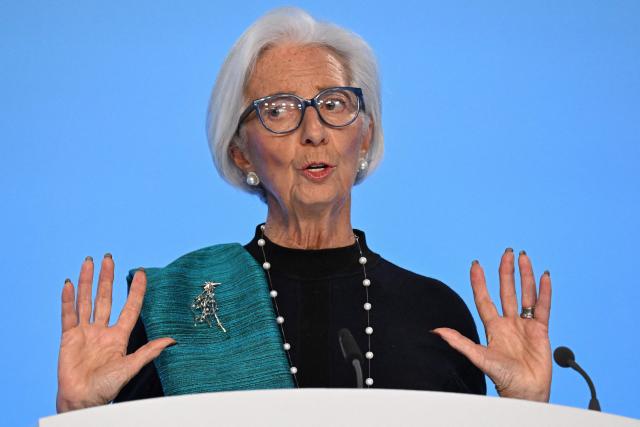 (FILES) European Central Bank (ECB) President Christine Lagarde arrives for a press conference on the Eurozone's monetary policy, at the central bank's headquarters in Frankfurt am Main, western Germany, on December 18, 2025. ECB President Christine Lagarde will hold a press conference on the Eurozone's monetary policy on April 30, 2026. (Photo by Kirill KUDRYAVTSEV / AFP)