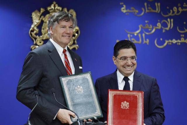 Morocco's Foreign Minister Nasser Bourita (R) and US Deputy Secretary of State Christopher Landau (L) pose for a picture during their meeting in Rabat on April 29, 2026. (Photo by Abdel Majid BZIOUAT / AFP)