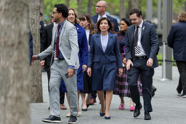 New York Governor Kathy Hochul arrivess at the 9/11 Memorial ahead of a visit by Britain's King Charles III and Queen Camilla in New York on April 29, 2026. (Photo by Jeenah Moon / POOL / AFP)