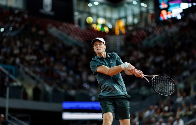 Italy's Jannik Sinner returns a ball to Spain's Rafael Jodar during their 2026 ATP Tour Madrid Open tennis tournament quarterfinal singles match at the Caja Magica in Madrid, on April 29, 2026. (Photo by OSCAR DEL POZO / AFP)