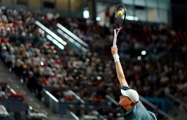 Italy's Jannik Sinner serves against Spain's Rafael Jodar during their 2026 ATP Tour Madrid Open tennis tournament quarterfinal singles match at the Caja Magica in Madrid, on April 29, 2026. (Photo by OSCAR DEL POZO / AFP)