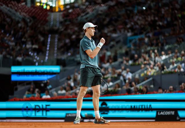 Italy's Jannik Sinner celebrates winning a game against Spain's Rafael Jodar during their 2026 ATP Tour Madrid Open tennis tournament quarterfinal singles match at the Caja Magica in Madrid, on April 29, 2026. (Photo by OSCAR DEL POZO / AFP)