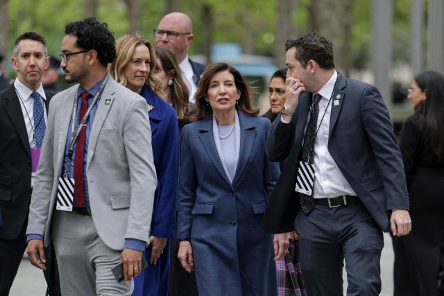 New York Governor Kathy Hochul arrives at the 9/11 Memorial ahead of a visit by Britain's King Charles III and Queen Camilla in New York on April 29, 2026. (Photo by Jeenah Moon / POOL / AFP)