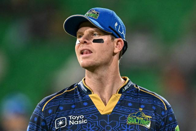 Multan Sultans' Australian cricket player Steven Smith looks on during the Pakistan Super League (PSL) Twenty20 Eliminator match between Hyderabad Kingsmen and Multan Sultans at Gaddafi Stadium in Lahore on April 29, 2026. (Photo by Arif ALI / AFP)