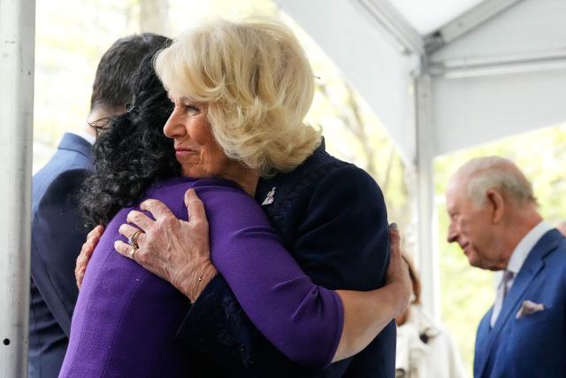 Britain's Queen Camilla meets the families of victims and first responders who were involved in the rescue efforts after the attacks, as well as currently serving personnel during a ceremony at the National September 11 Memorial on day three of their State Visit to the United States of America, on April 29, 2026 in New York City. (Photo by Yuki Iwamura / POOL / AFP)