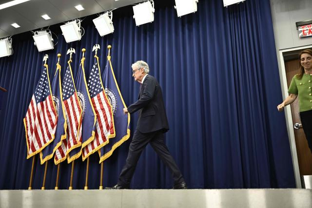 US Federal Reserve Chair Jerome Powell arrives  during a press conference after announcing monetary policy decision at the Federal Reserve Board Building in Washington, DC, on April 29, 2026. A divided US Federal Reserve kept interest rates unchanged for a third straight meeting Wednesday on high uncertainty from the Middle East war, in what was likely its last gathering helmed by Jerome Powell. (Photo by Kent NISHIMURA / AFP)