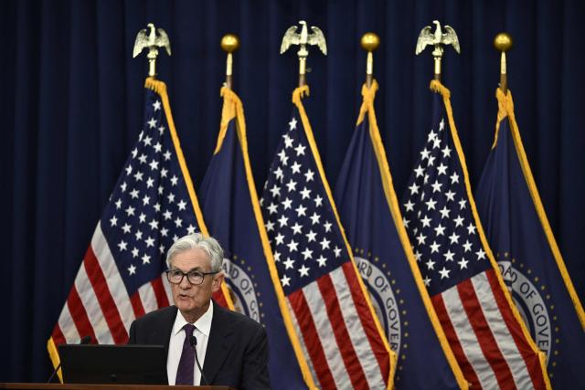 US Federal Reserve Chair Jerome Powell speaks during a press conference after announcing monetary policy decision at the Federal Reserve Board Building in Washington, DC, on April 29, 2026. A divided US Federal Reserve kept interest rates unchanged for a third straight meeting Wednesday on high uncertainty from the Middle East war, in what was likely its last gathering helmed by Jerome Powell. (Photo by Kent NISHIMURA / AFP)