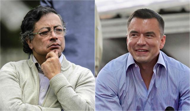 (COMBO) This combination of pictures created on April 29, 2026 shows Colombia's President Gustavo Petro (L) during the enactment of the new labor law at the Quinta de Bolivar museum in Bogota on June 25, 2025; and Ecuador's President and presidential candidate for the Acciуn Democrбtica Nacional party (National Democratic Action), Daniel Noboa, during a dialogue with students at the Casa Grande University in Guayaquil, Guayas Department, Ecuador on April 7, 2025. Ecuador's President Daniel Noboa accused his Colombian counterpart, Gustavo Petro, on April 29, 2026, of orchestrating a guerrilla “incursion” across the border, escalating tensions amid a trade and diplomatic crisis between the two countries. (Photo by Andrea ARIZA and MARCOS PIN / AFP)