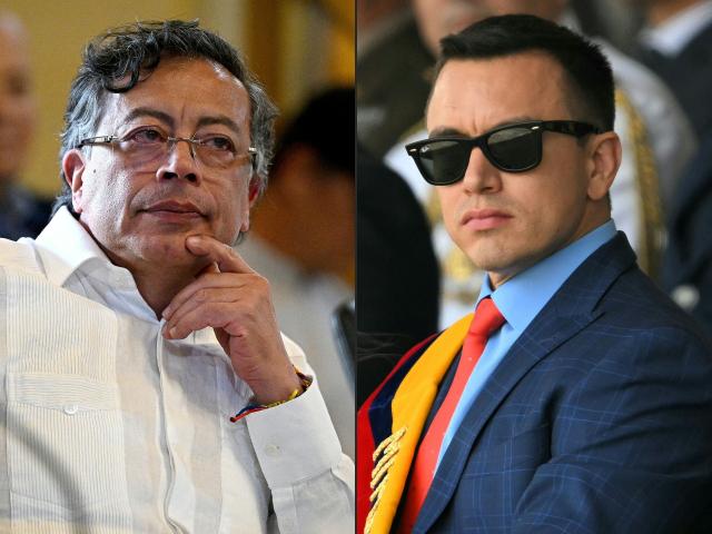 (COMBO) This combination of pictures created on April 29, 2026 shows Colombia's President Gustavo Petro gesturing during a bilateral meeting at the Miraflores Presidential Palace in Caracas on April 24, 2026, and Ecuador's President Daniel Noboa attending the change of command ceremony for the Joint Command of the Armed Forces at the Eloy Alfaro Superior Military School on the outskirts of Quito on November 26, 2025. On April 29, 2026, Ecuador's President Daniel Noboa accused his Colombian counterpart, Gustavo Petro, of orchestrating a guerrilla “incursion” across the border, escalating tensions amid a trade and diplomatic crisis between the two countries. (Photo by Federico PARRA and Rodrigo BUENDIA / AFP)